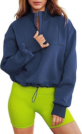 Women's Fashion Casual Stand Collar Half Zip Drawstring At Hem Brushed Hoody