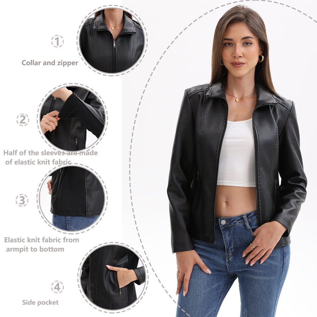 Women's Leather Jacket Knitted Stitching Stretch Coat