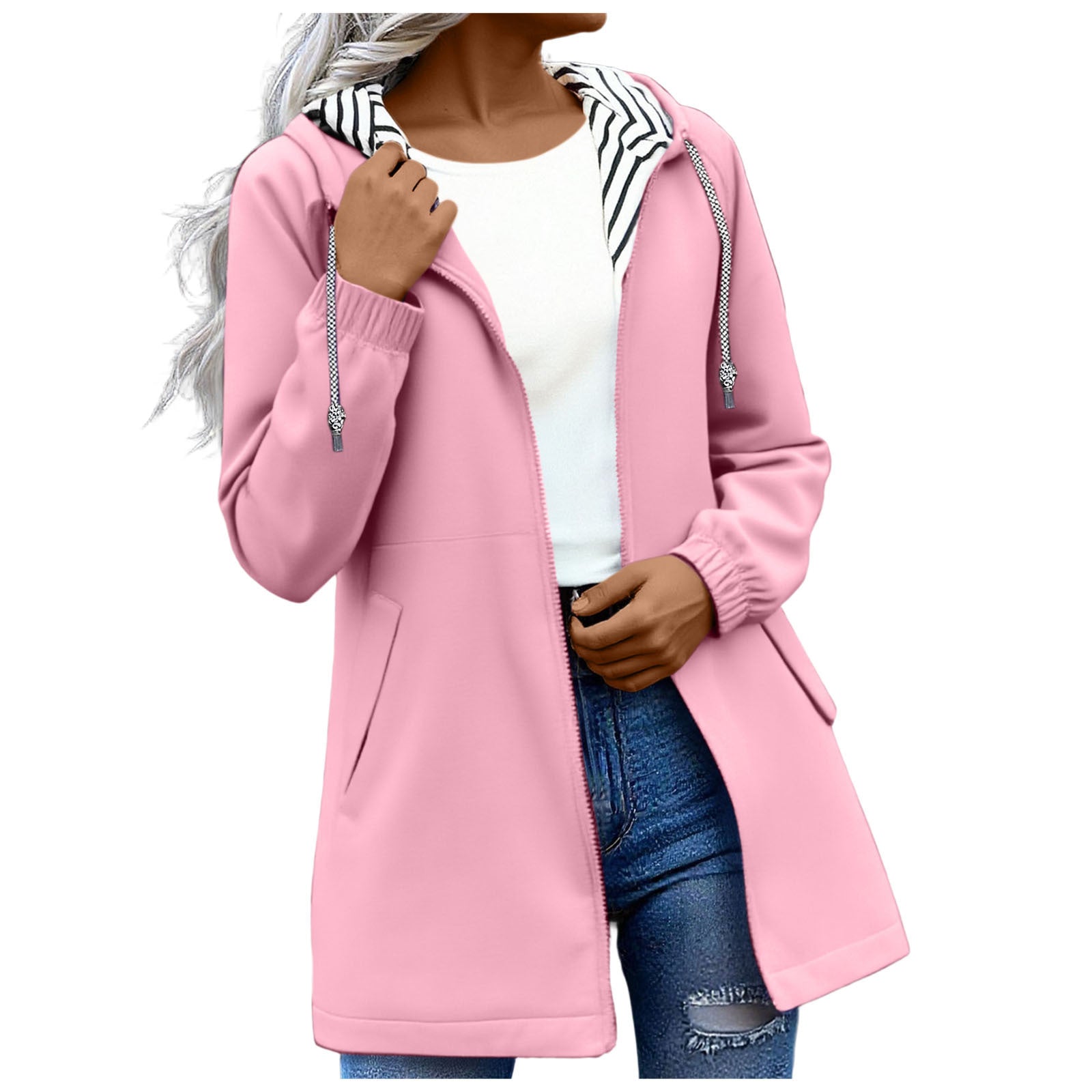 Long-sleeved Splash-proof Long Windbreaker For Women With Hooded Raincoat, Large Size, Striped Lining