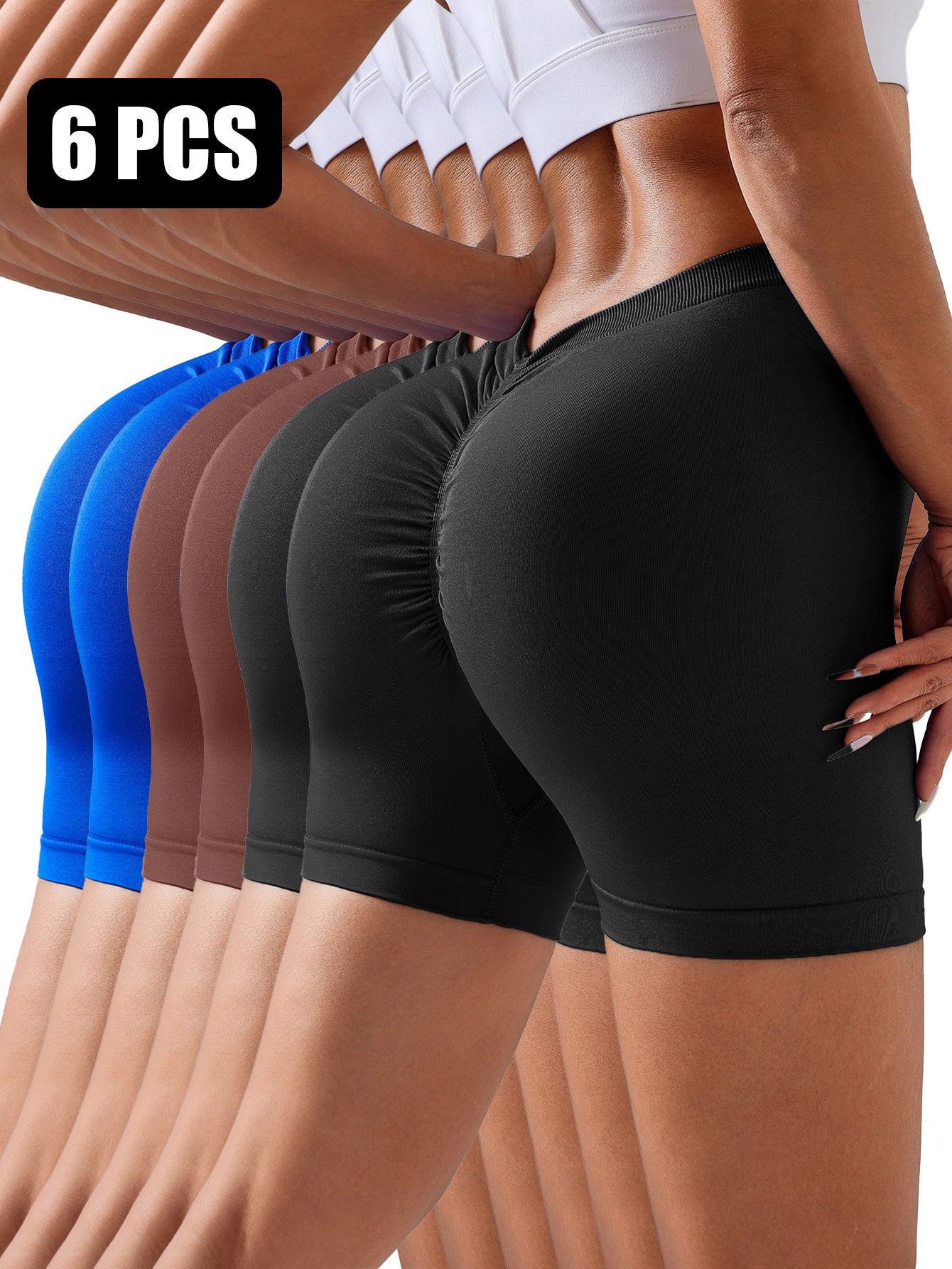 6 Pack Wholesale Solid Color Seamless Back V Shape  Women V-Back Scrunch Butt Elastic Gym Push Up Sports Tights Running Cycling Workout Peach Hip Fitness Shorts