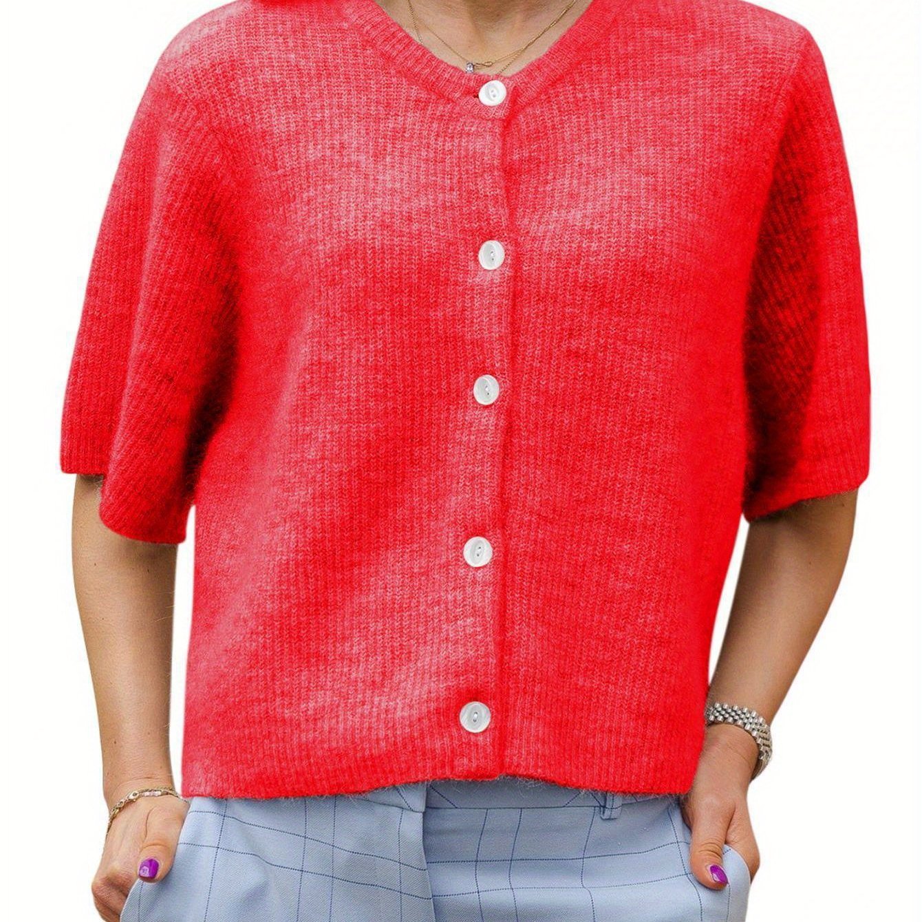 Women's Solid Color Short-sleeved Cardigan Round Neck Button