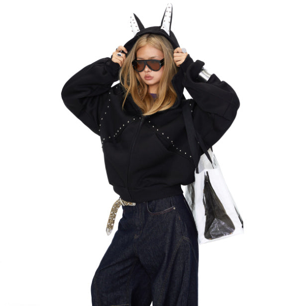 Stitching Rivet Dog Ear Hooded Loose Couple Coat