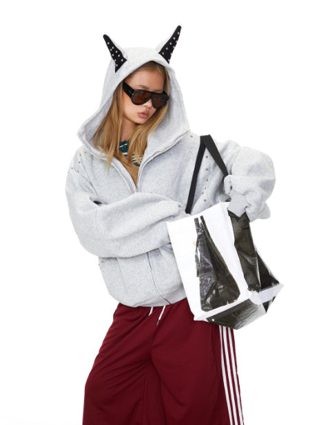 Stitching Rivet Dog Ear Hooded Loose Couple Coat