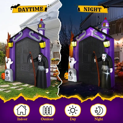 9.8 FT Halloween Inflatables Haunted House Castle Archway Outdoor Decorations, Scary Halloween Giant Grim Reaper Blow Up Ghost Decorations For Holiday Party Front Yard Lawn Garden Decor