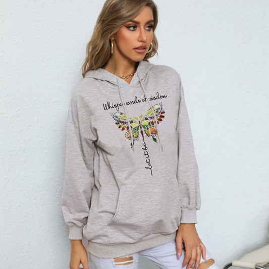 Fashion Butterfly Print Heel Wrapped Collar Brushed Hoody