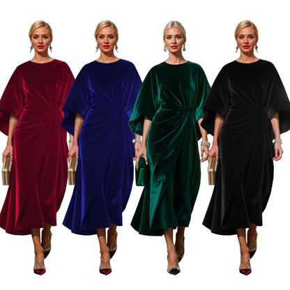 Women's Fashion Elegant Gold Velvet Waist-tight Batwing Sleeve Dress