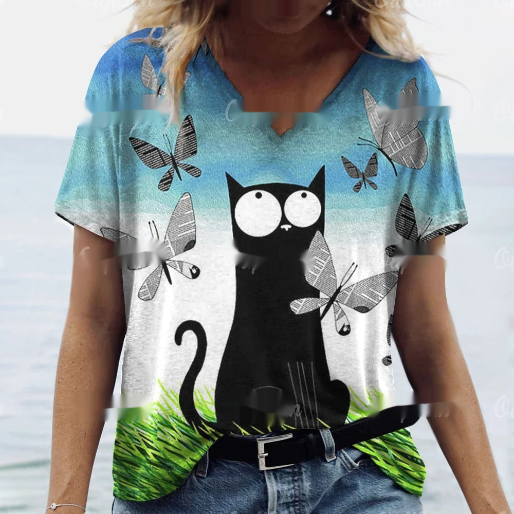 Women's Summer Cat Print Casual Short Sleeve