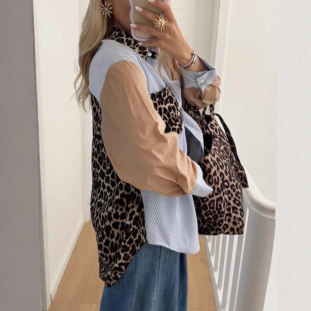 Women's Loose Leopard Print Patchwork Stripes Shirt
