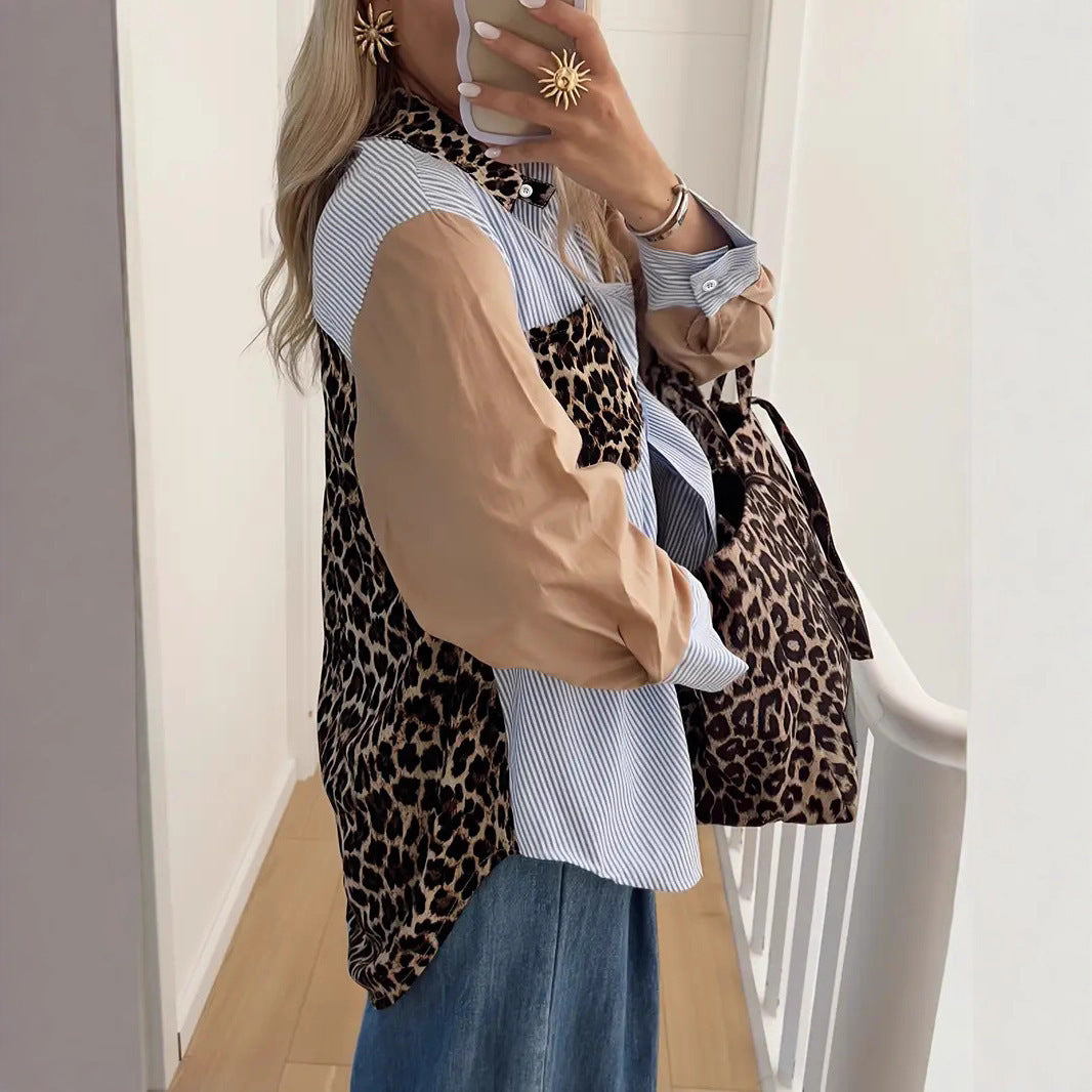 Women's Loose Leopard Print Patchwork Stripes Shirt
