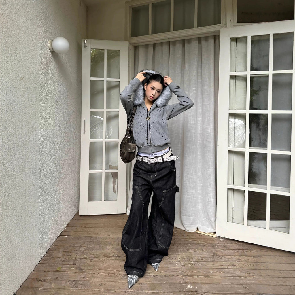 Women's Casual Loose Retro M Fur Collar Hood Bathroom Coat