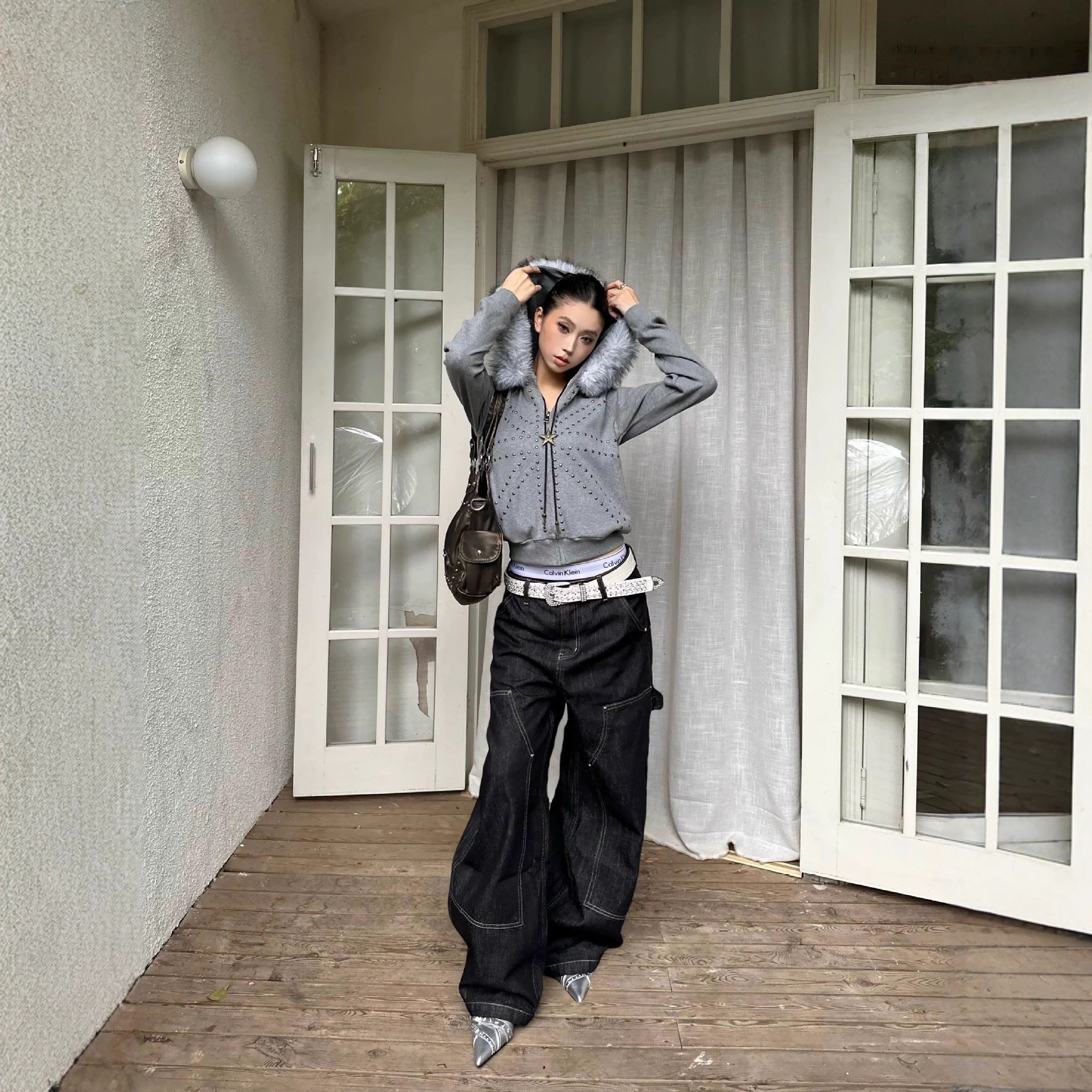 Women's Casual Loose Retro M Fur Collar Hood Bathroom Coat