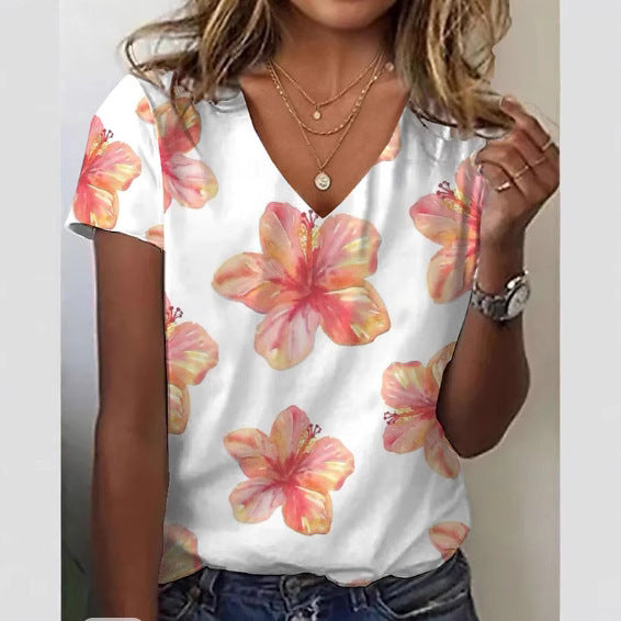 Printed Fashion New Floral V-neck Short-sleeved T-shirt