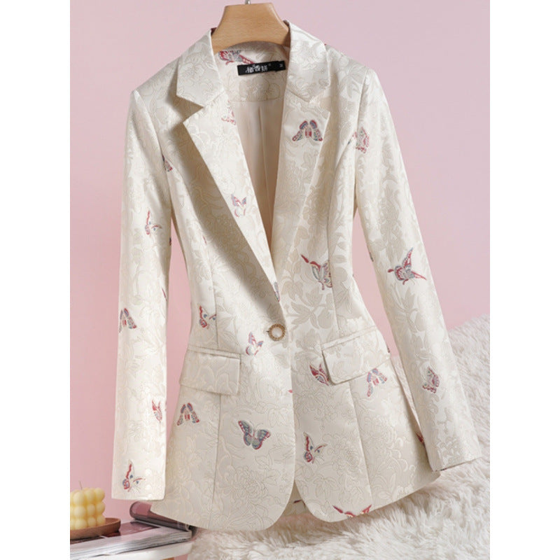 Women's Apricot Waist-tight Design National Style Printed Suit Jacket