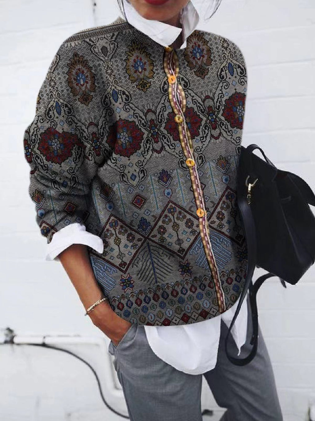 Fashionable Brushed Geometric Print Cardigan Long-sleeved Jacket