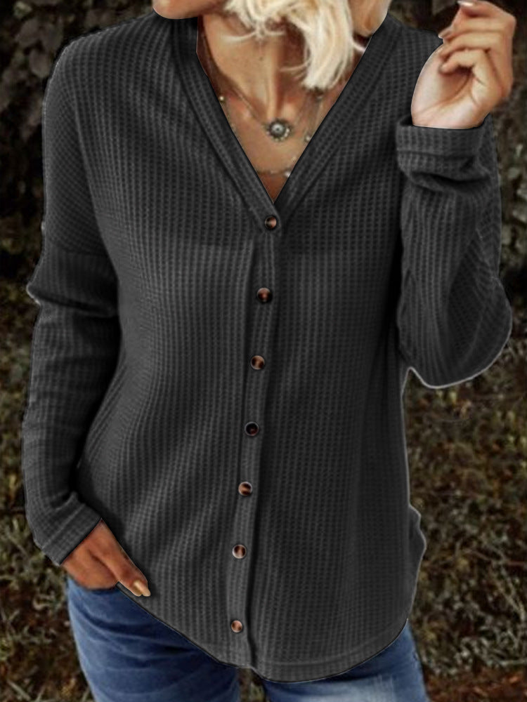 Women's Casual Loose Retro Long-sleeved Button Cardigan V-neck Solid Color Hollow Pattern Jacket