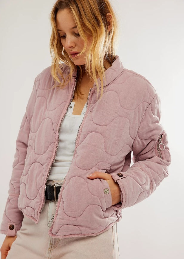 Women's Casual Quilted Cotton Jacket Loose Stand Collar Coat