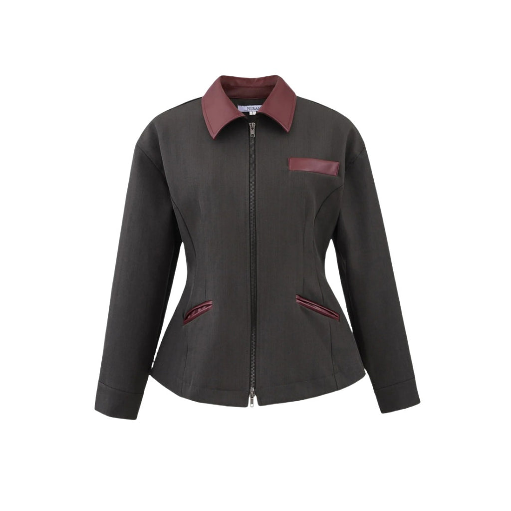 Retro Lapels Contrast Color Waist-tight Motorcycle Slim-fit Leather Coat Zipper Jacket