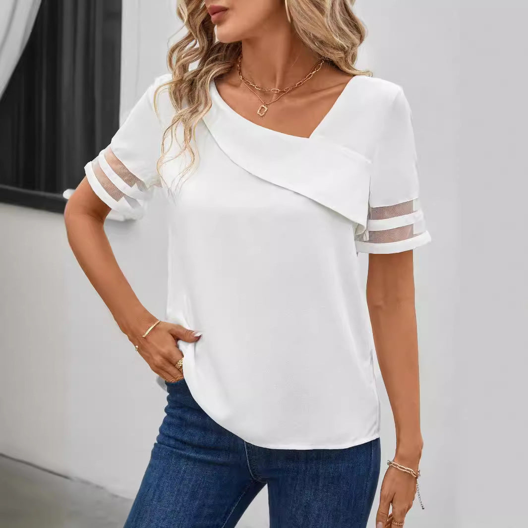 Summer Casual Simple Mesh Stitching Short Sleeve Women