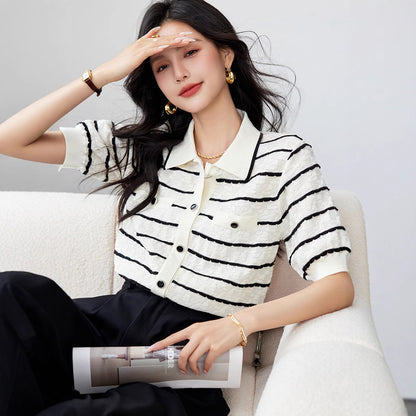 Elegant Polo Collar Striped Women's Contrast Colors Slimming Knitted Short Sleeve