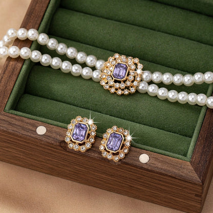 Stylish Elegant Double Row Pearl Square Diamond-studded Necklace Earings Set