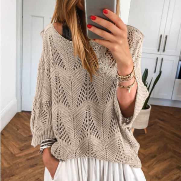 Female Leisure Hollow Out Parchment Hollow Sleeve Casual Sweater