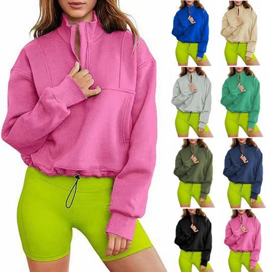 Women's Fashion Casual Stand Collar Half Zip Drawstring At Hem Brushed Hoody