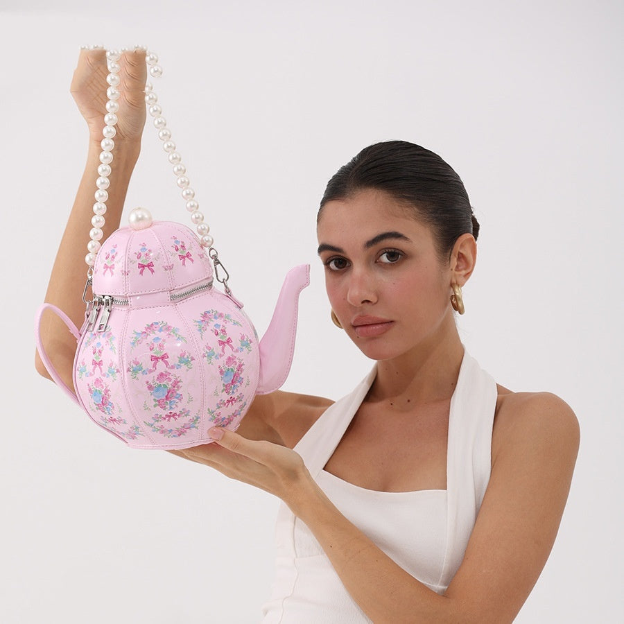 Sweet Girl Vintage Pearl Chain Printing Teapot Handbag