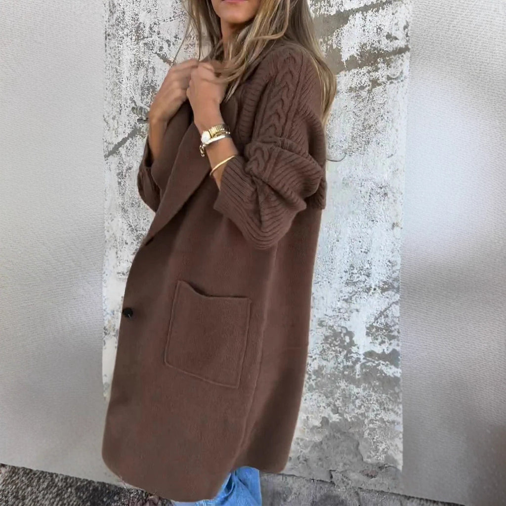 Women's Twist Knit Stitching Lapel Large Coat