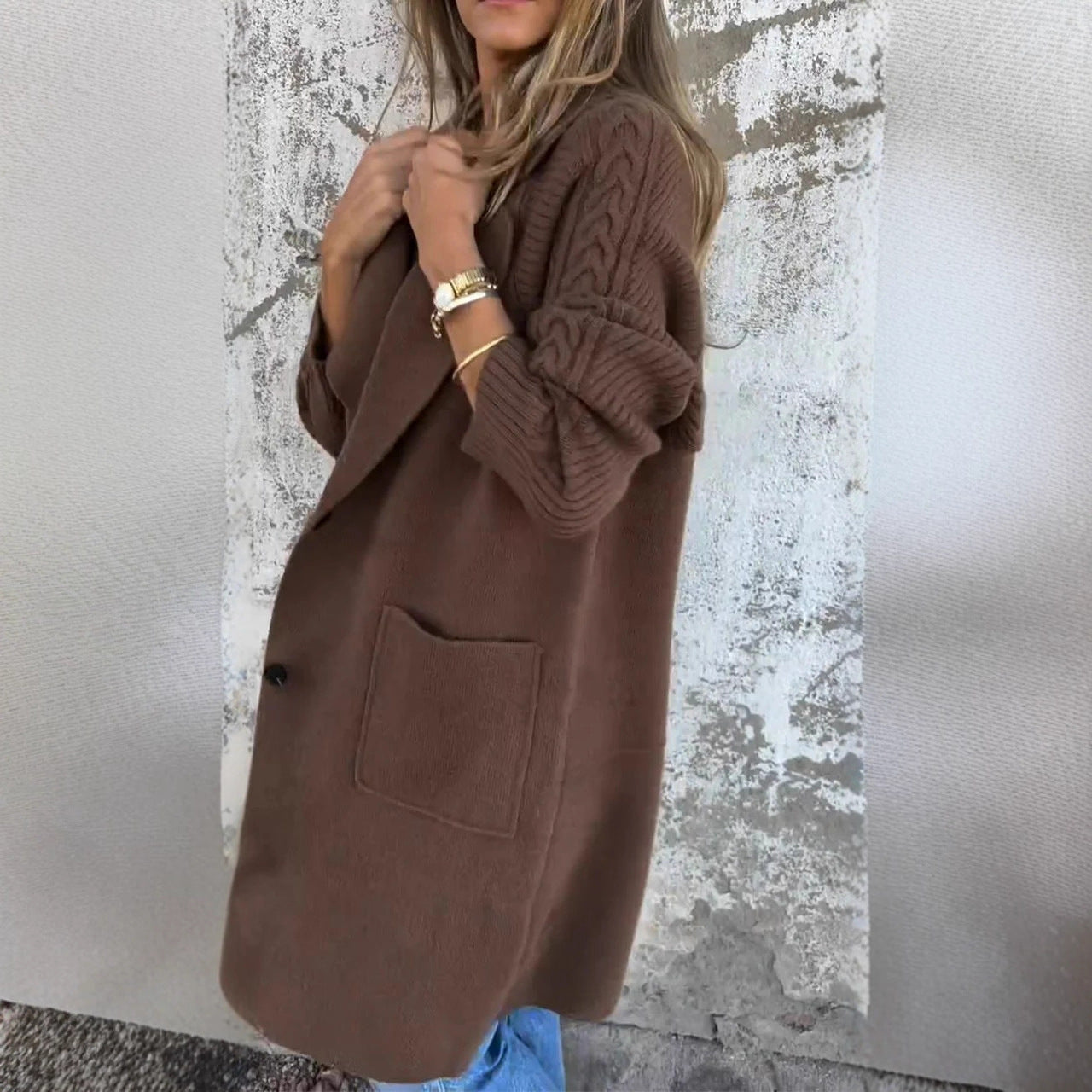 Women's Twist Knit Stitching Lapel Large Coat