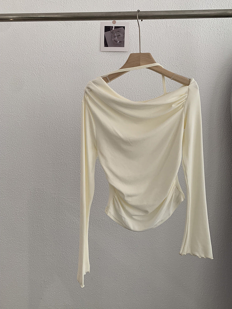 Shoulder Collar Solid Color Slim Fit Slimming Long Sleeves Inner Bottoming T-shirt