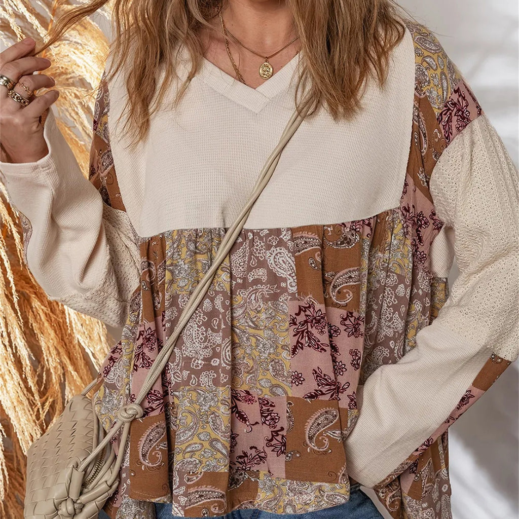 Beige Paisley Ethnic Print Contrast Patchwork Long Sleeve Loose Top