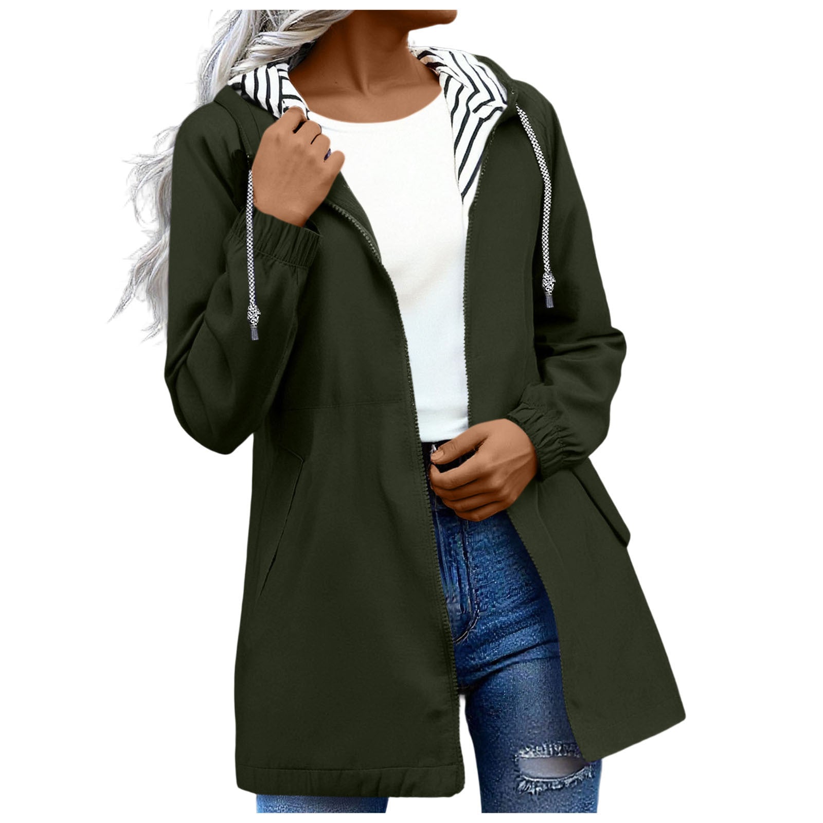 Long-sleeved Splash-proof Long Windbreaker For Women With Hooded Raincoat, Large Size, Striped Lining