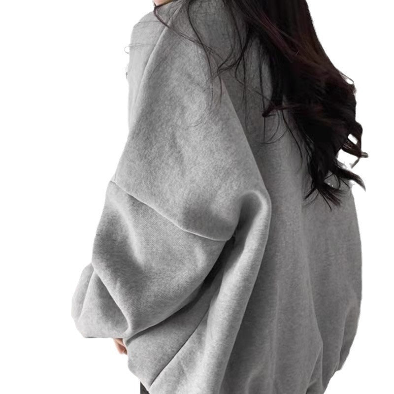 Gray Capless Round Neck Brushed Hoody Women's Loose