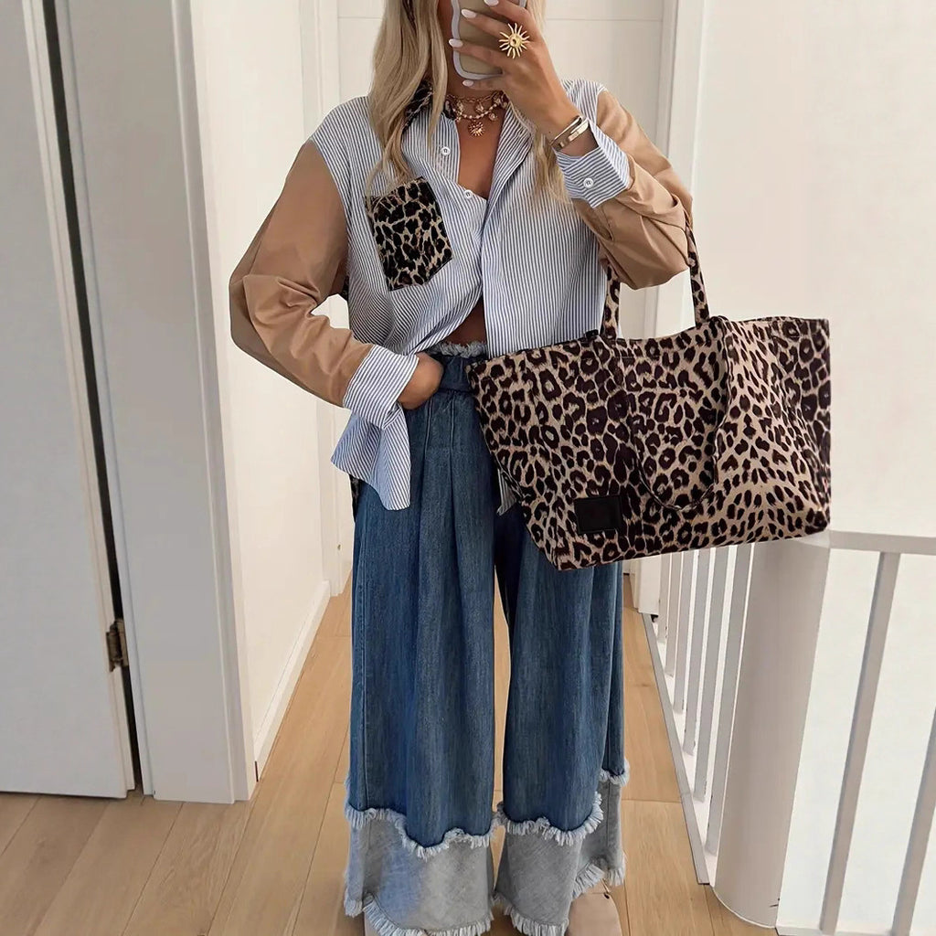 Women's Loose Leopard Print Patchwork Stripes Shirt