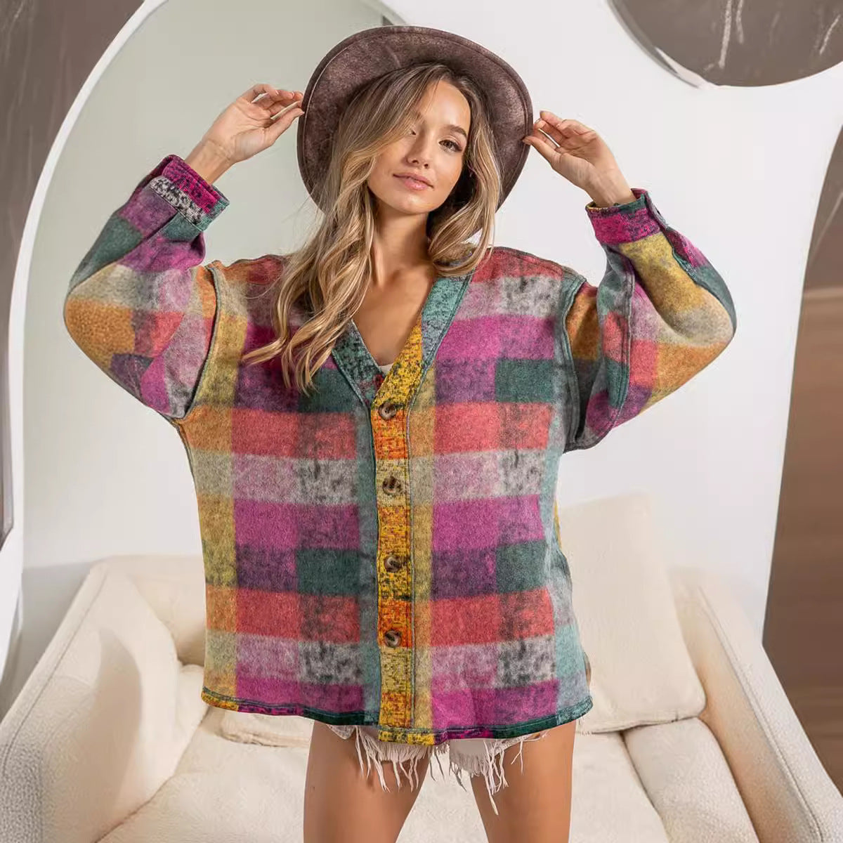 Single-breasted Long Sleeve Cardigan Color Plaid Coat