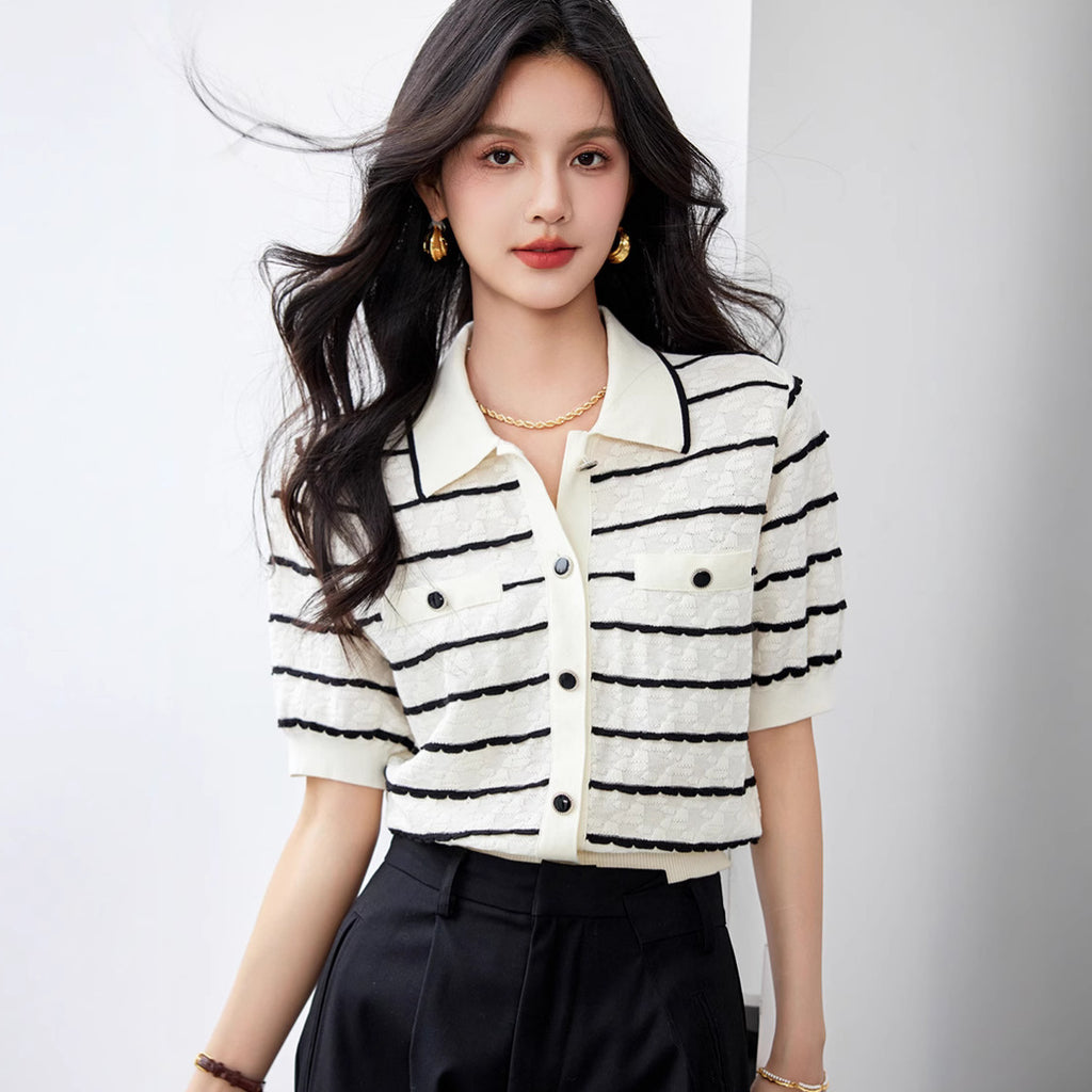 Elegant Polo Collar Striped Women's Contrast Colors Slimming Knitted Short Sleeve
