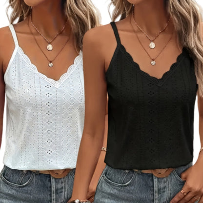 Solid Color V Neck Eyelet Cami Top, Elegant Scallop Trim Sleeveless Top For Spring & Summer, Women's Clothing 2PC Set